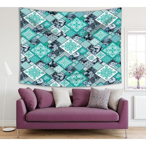 Tapestry Floral Ornaments Stylized Flowers Leaves Lace Patchwork Decorative Artwork Turquoise White