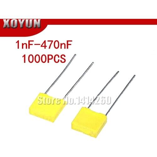 1000pcs Polypropylene Safety Plastic Film 100V 1nF ~ 470nF 100nf 220nf 10nf 47nf 22nf 1nf 0.47uf 0.1uf Correction capacitor