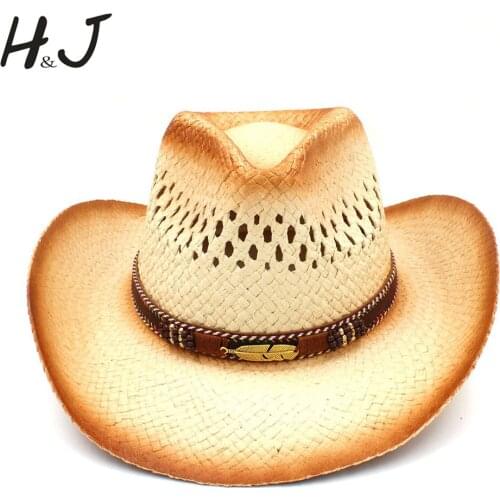 Women Men Western Cowboy Hat With Punk Leaves Band Handemade Weave Straw Beach Sun Mesh Cowgirl Sombrero Size 58CM