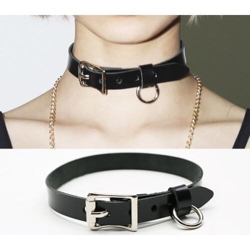 Punk Gothic Rock Handmade O Round Metal Buckle Rivets Leather Charm Choker Collar Necklace