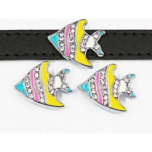 Crystal Color Fish Slide Charms Flat Hole Metal Beads Keeper Fit 10mm Stainless Steel Mesh Bracelets DIY Jewelry Making