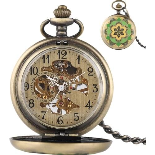 Retro Mechanical Pocket Watch Bronze Full Hunter Crystal Flowers Case Antique Hand Wind Fob Hour Unisex Pendant Gift For Xmas