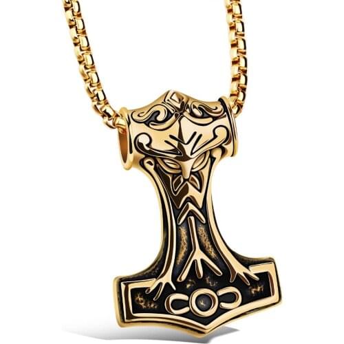 Mens Stainless Steel Gold Black Vintage Thor Hammer Pendant Choker Necklace Rolo Chain Necklace Jewelry Accessories