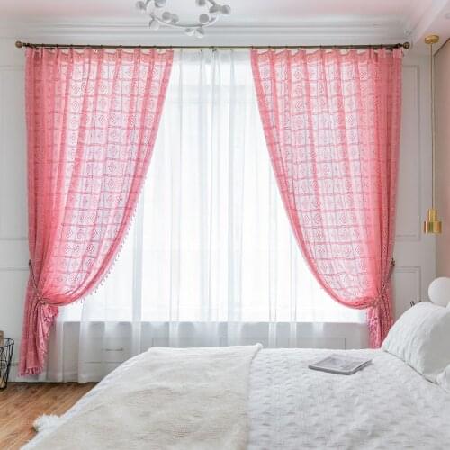 Pink Chic Crochet Knitting Window Sheer Curtain American Rustic Handmade Curtain Tulle Curtains for Bedroom Living Room