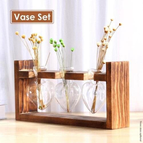Wooden Frame Glass Hydroponic Plant Vase Flower Pot Office Home Decorations Vintage Flowerpot Suit Transparent Vase