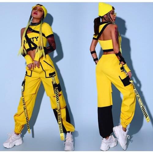Jazz Dancer Outfit Women Hip Hop Dancewear Cheerleader Unidorm Stage Costume Yellow Cargo Pants Crop Tops DJ DS Clubwear DL8188