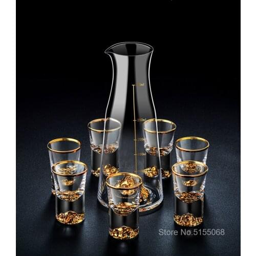 Top Grade Golden Mountain Liquor Shot Glass Wine Decanter Crystal Vodka White Spirit Gold Foil Dispenser Small Cups Wineglass