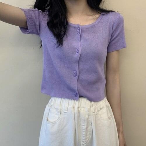 Women Solid Color Single-breasted Thin Ice Silk Knitted Short-sleeved T-shirt All-match High-waist Slim Crop Top
