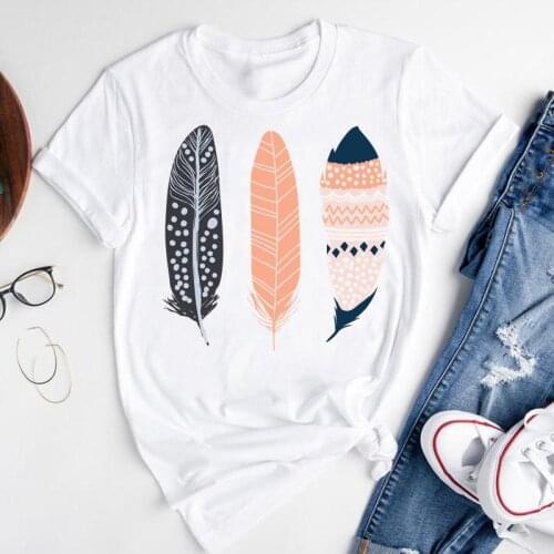 Women Graphic Cartoon Striped Feather Ladies Beach Short Sleeve Summer Fashion Print Female Clothes Tops Tees Tshirt T-Shirt