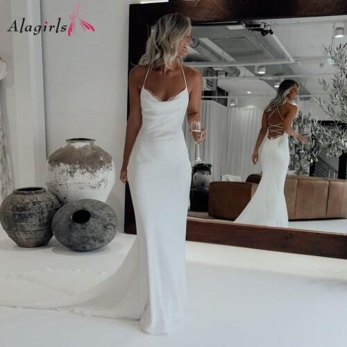 Simple halter mermaid bridal dress 2020 Sexy lace-up open back vestidos Elegant sweep train party gown for women