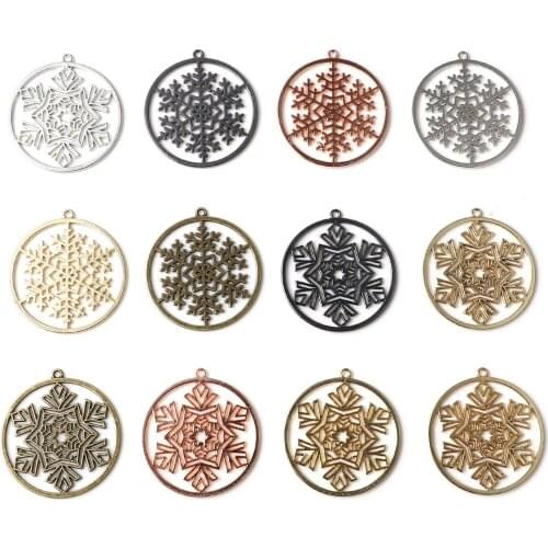 10 PCs Romantic Snowflake Charms Pendants For Jewelry Making Round Rose Gold Color Hollow Christmas Charms Pendant 38mm x 35mm