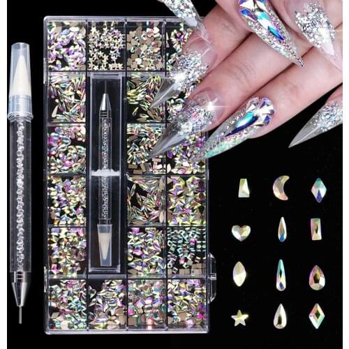 1000Pcs/Box Nail Rhinestones Crystals AB Diamond Heart Rhombus Nail Art Glass Stone Charms Decoration With Dotting Tool JI1921