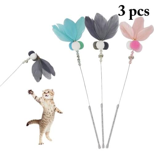 3PCS Cat Teaser Toy Creative Colorful Faux Feather Cat Teaser Wand Cat Interactive Toy Cat Funny Toy Pet Training Toys