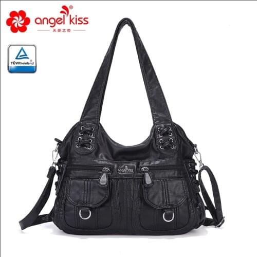Angelkiss Washed PU Women Handbag Lady Shoulder Bag Double-Compartment and Multi-Pocket Roomy Messenger Tote with Long Strap