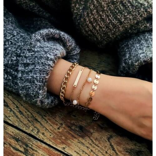 New Fashion Bohemian 4Pcs/set Imitation Pearls Sequin Chain Bracelet Elegant Simple Bracelet Female Jewelry Valentines Gifts