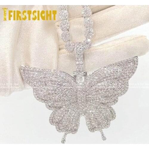 Silver Color Sparking 5A CZ Butterfly Charm Necklace 7MM Round Zircon Tennis Chain Choker Ice Out Bling CZ Fashion Women Jewelry