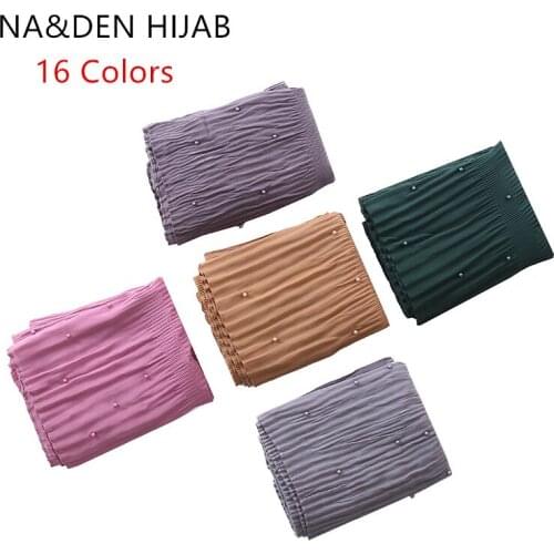 Long head muffler Islamic scarf Ladies wrinkled wraps Solid plain shalws Chiffon Women hot pearls scarves Muslim hijab 10pcs/lot
