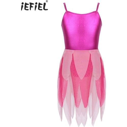 Kids Girls Ballerina Gymnastics Leotard Dancewear Shiny Metallic Tiered Tulle Tutu Ballet Dress Lyrical Contemporary Dance Dress