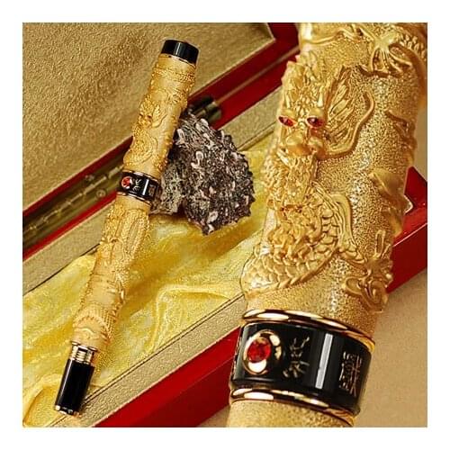 JINHAO Golden B Nib Fountain Pen "Two Dragons Playing With The Pearl" carved office school supple pencils cute Pen for writing