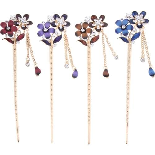 Chinese Hair Chopsticks Crystal Rhinestone Flower Hair Stick Pins