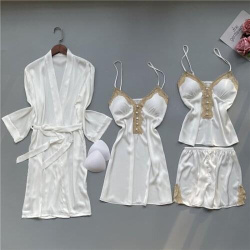 White Ice Silk Pearl Button Pajamas Sets Women Sexy Lace Trim Bride Wedding Robe 4PCS Sleepwear Loungewear Kimono Gown Nightwear