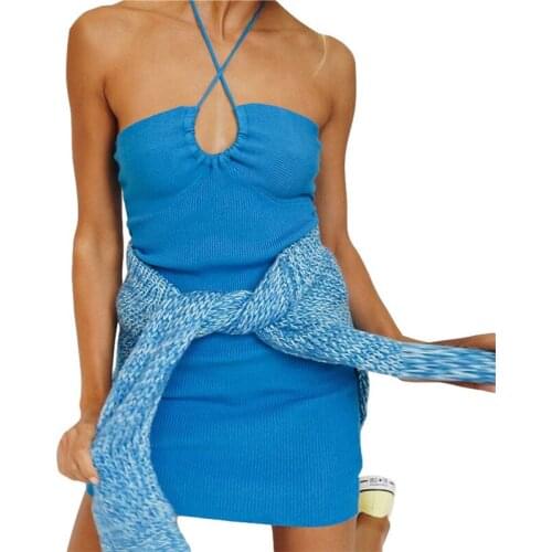 Summer Sexy Slim Dress Women Solid Sleevesess Backless Halter Knitting Party Clothing Lady Fashion Folds Mini Dresses 2021 New