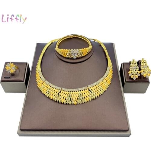 Liffly Elegant Women Gold Jewelry Big Necklace Bracelet Party Earrings Ring Wild Jewelry Wedding Fashion Jewelry Sets