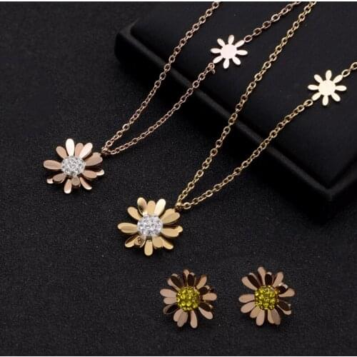Daisy Flower Necklace Bracelet Stud Earrings Stainless Steel Daisy Jewelry Set For Women Gold Titanium Zircon 2020 New Korean
