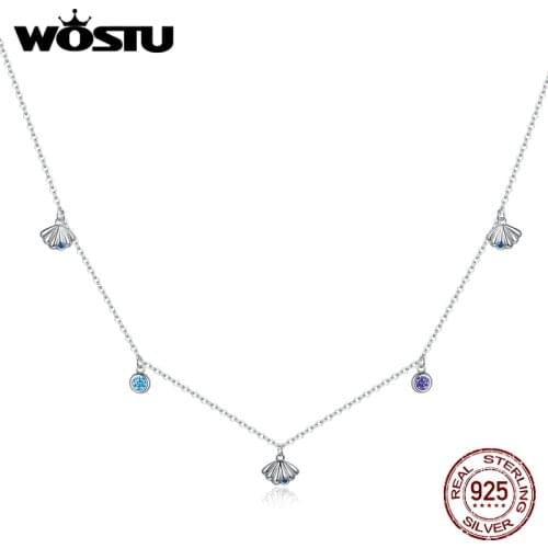 WOSTU 925 Sterling Silver Colorful Seashell Love Necklace Dazzling CZ Long Chain Link Necklace For Women Fashion Jewelry CQN454