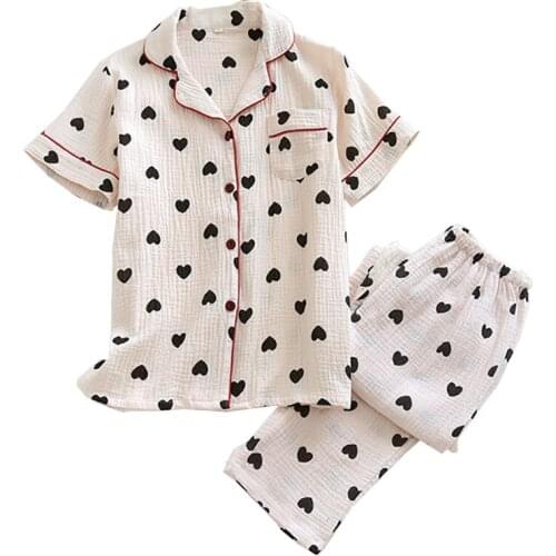 Spring Summer Girls Cute Heart Printed Pajamas Set Comfort Gauze Cotton Turn-Down Collar Short Sleeve Household Women Sleepwear