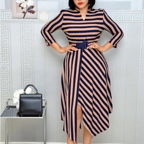AOMEI New Elegant Striped Print Dress V-Neck Midi Female Clothing Office Lady Fashion Spring Autumn Outfit Large Size Dresses