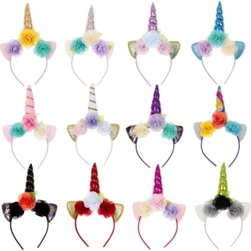 Handmade Baby Girls Party Unicorn Horn Headband Leaves Flower Infant Hair Bands Girls Headwear Birthday Gift Hair Accessories