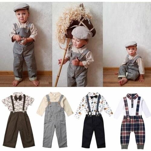 Toddler Boy Clothes Newborn Baby Boys Gentleman Round Neck Long Sleeve Bow Shirt Bodysuit Plaid Strap Trousers School Clothes