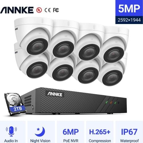 ANNKE 5MP H.265+ 8CH PoE Network Video Security System 8pcs 2.8mm Lens IP67 Outdoor POE IP Cameras Plug & Play PoE Camera Kit