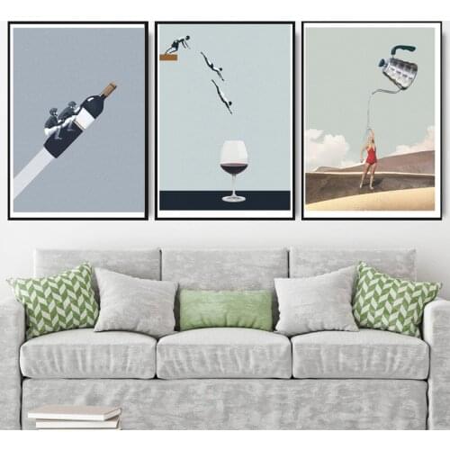 Nordic Funny Cartoon Posters Wine Glass Abstract Girl with Bird Canvas Painting Wall Art Pictures for Living Room Home Decor