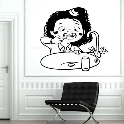 Girl Brushing Teeth Bathroom Vinyl Wallpaper Dentist Teeth Decals For Living Room Dental Hospital Decoration Wall Stickers LL977