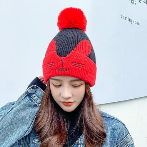 Knitted Hat Womens Autumn and Winter New Double-layer Velvet Earmuffs Warm Hat Cartoon Bugs Bunny Wool Ball Hat