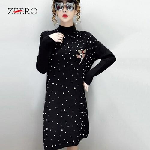 Spring Autumn Female Stand-up Collar Long Sleeve All-match Base Knitting Dresses Women Solid Color Beading Loose Sweater Dress