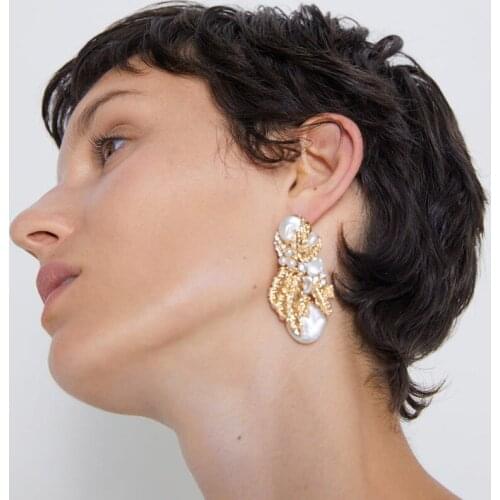 2020 Newest Gold Leaf Women Drop Earrings Imitation Pearl ZA Summer Cool Heavy pendientes mujer moda ET1292