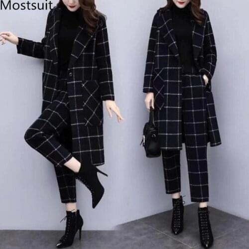 2019 Winter Black Woolen Plaid Two Piece Sets Outfits Women Plus Size Long Coat And Pants Suits Elegant Fashion Office Sets