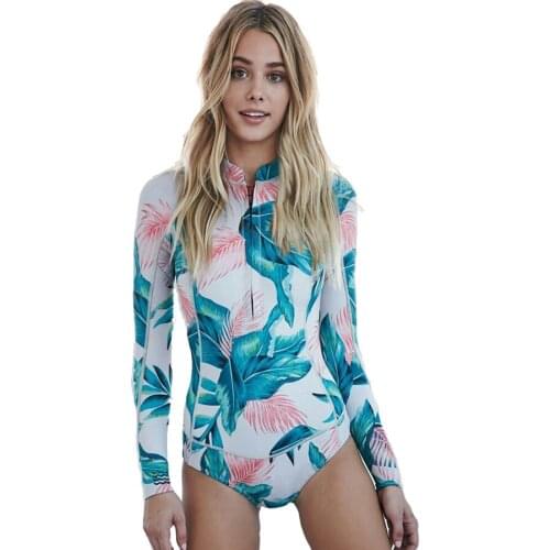 Long Sleeves Womens Surf Swimwear Floral Leaf One Piece Swimsuit for Diving Swimming Suit Rashguard Wetsuits S M L XL XXL