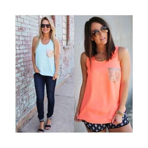 New 2018 Summer Women Tank Top Chiffon Sleeveless Pockets Sequined Vest Top Ladies Casual Sleeveless Patchwork Tshirts