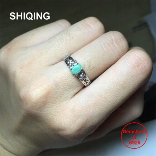 SHIQING Nature green emerald ring, vintage art deco ring, heart letter s sterling silver rings for women