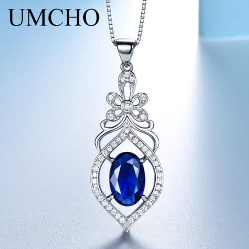 UMCHO Real 100% 925 Sterling Silver Necklace Gemstone Created Blue Sapphire Necklaces & Pendants For Women Gift With Box Chain