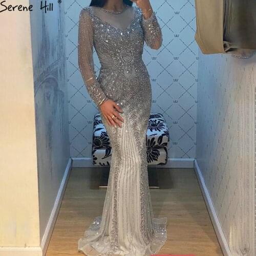 Grey Dubai Luxury Mermaid Evening Dress Long Sleeves Diamond Beading Formal Women Elegant Party Gown 2020 BLA70443 Serene Hill
