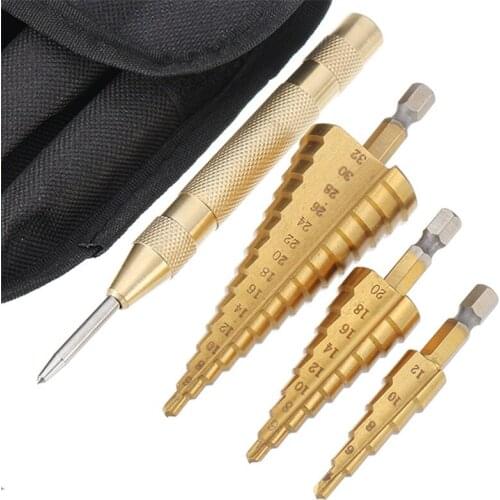 3pcs HSS Titanium Coated Step 1/4" Hex Shank Drill Bits 4-12/4-20/4-32mm Core Drill Bits With 4mm Automatic Center Pin Punch