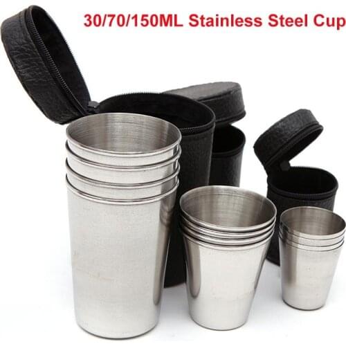4pcs/set 30/70/150ml Outdoor Stainless Steel Cup Reusable Coffee Wine Cups Camping Travel Mug Cup Set with PU Leather Case Cover