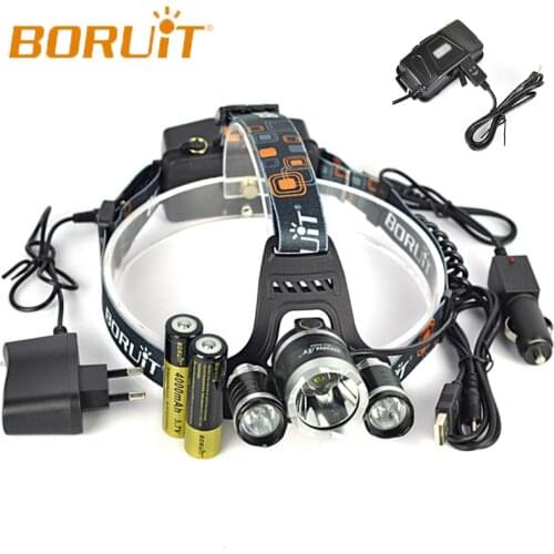 Boruit RJ-5000 5000 Lm 3 Cree XM-L2 4Modes LED Headlamp Headlight Camping Hunting Head Lamp +2*18650 Battery + Car USB Charger