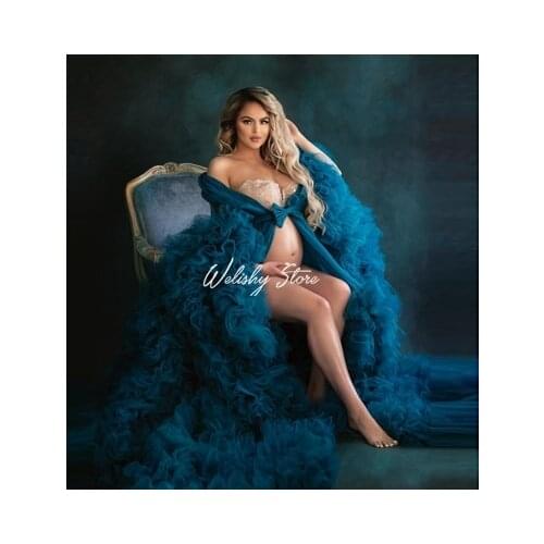 Extra Puffy Ruffles Pleated Tulle Maternity Women Dresses Full Sleeves Tulle Robes Baby Shower Wear For Photo Shoot Vestidos de