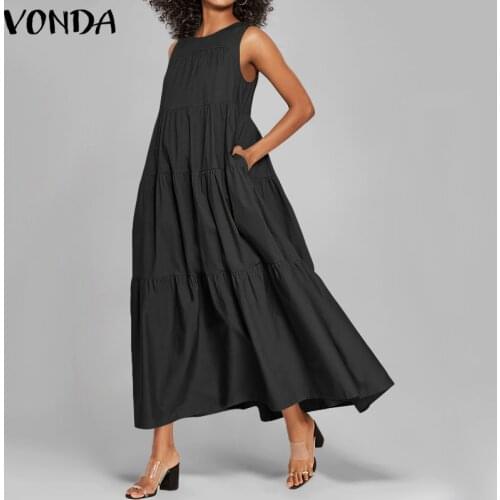 Summer Dress Women Sleeveless Swing Party Maxi Long Dress VONDA 2021 Vintage Casual Vestidos Beach Holiday Sundress